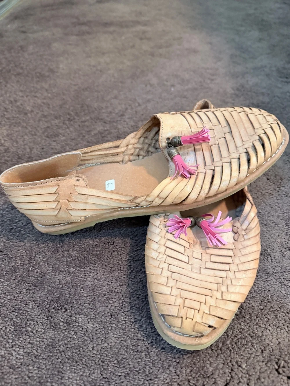 Woven Leather Tassel Loafers - Tan with Pink Tassels